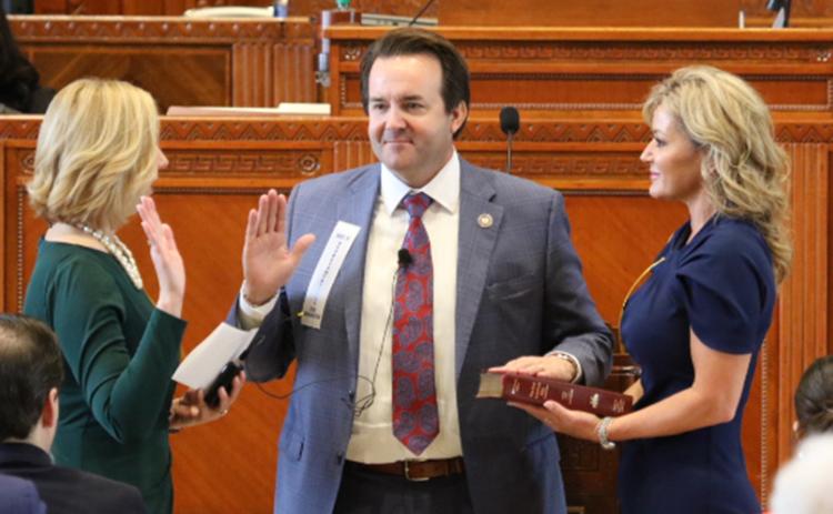 State Rep. Phillip DeVillier receives his oath of office as Louisiana Speaker of the House on Monday from House Clerk Michelle Fontenot, left, At right is DeVillier’s wife, Lisa. The DeVilliers are from Eunice and Fontenot is a native of Eunice. (LSN Photo by Harlan Kirgan)