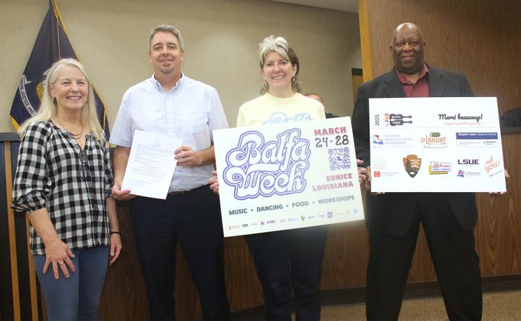 The 22nd annual Dewey Balfa Cajun and Creole Heritage Week will be held in Lakeview Park and Beach in March. The week was announced at the Eunice city council meeting on Tuesday with a proclamation.  From left, are Jeane Solis, executive director of Louisiana Folk Roots; Mayor Scott Fontenot; Jean Johnson, Louisiana Folk Roots Board member; and Herb Wiltz, Louisiana Folk Roots Board member. (LSN photo by Harlan Kirgan)