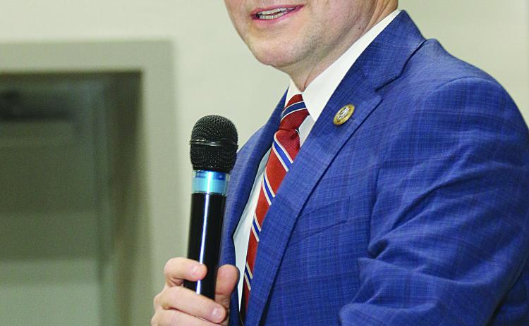 U.S. Rep. Mike Johnson, R-Benton, speaks at a town hall held in Opelousas on Monday. Johnson represents the 4th Congressional District, which now includes all of St. Landry Parish. (LSN photo by Harlan Kirgan)
