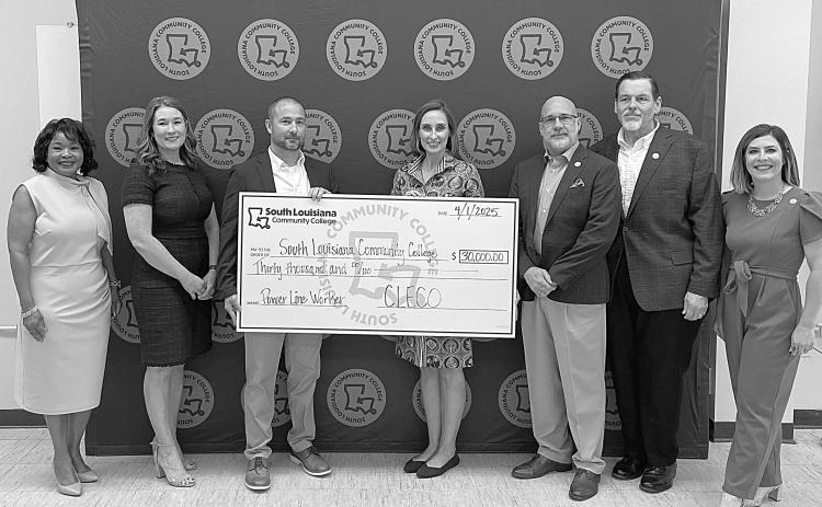 Pictured (Left To Right): Mary Morrison, SoLAcc Crowley Campus; Amy Thibodeaux, Cleco; Andre Guillory, Cleco; Kristin Guillory, Cleco; Dr. Andre Perez, SoLAcc; Dr. Charles Miller, SoLAcc, Lana Fontenot, SoLAcc. (Photo provided)
