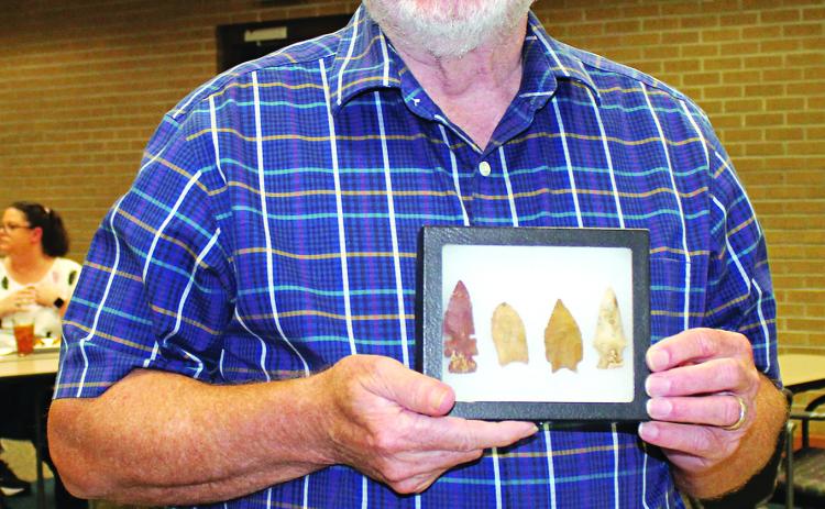 David Guillory was the guest speaker Wednesday, August 20, at the Eunice Rotary Club meeting. Guillory is an avid collector of arrowheads and artifacts. He has about 850 arrowheads collection. Guillory is holding up a Coral Wacissa arrowhead from Florida. Guillory was the guest of Rotarian David Clause. (LSN photo by Myra Miller)