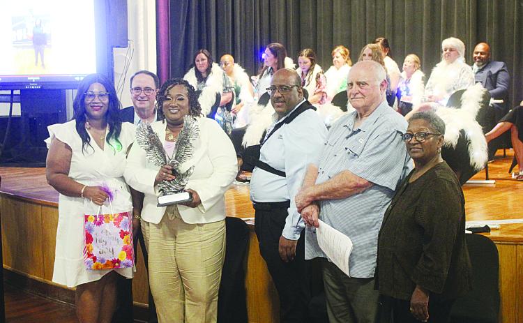 (L-R) Shelsy Williams, principal of VPHS; Mike Lombas, assistant superintendent; Rhonda Thomas, high school teacher of the year; Darwan Lazard, superintendent; Bobby Hamlin, EPSB president; Sheila Joseph, EPSB vice president.