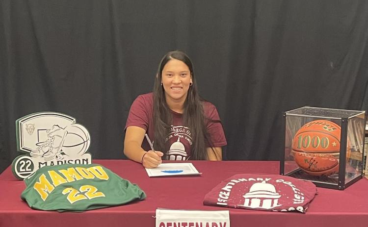 Madison Fontenot, of Mamou High School, is pictured as she signs to play college basketball at Centenary College. (Photo courtesy of Mamou High School)