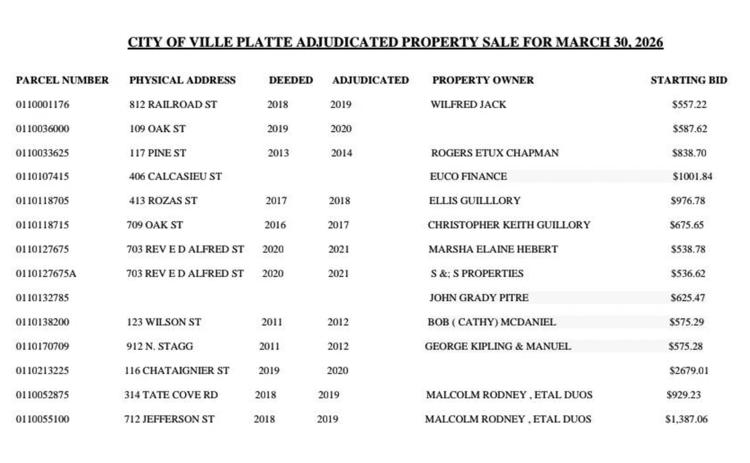 This chart showing the adjudicated properties is courtesy of the City of Ville Platte.
