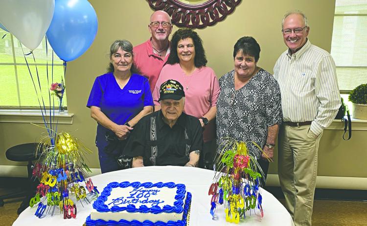100TH BIRTHDAY CELEBRATED - Heritage Manor resident Albert Catyb celebrated his 100th birthday with a celebration on Monday, June 9. Catyb (seated) is shown with, from left, Activity Director Patricia Duplechin, son-on-law Chris Briley, daughter Gina Briley, Mable Foreman, and Clerk of Court Randy Deshotel. (Photos courtesy of Misty Parker)