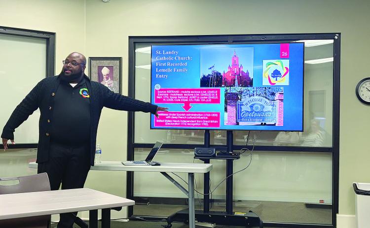 Alex Lee is pictured as he presents his research that outlines the family ties of Pope Leo XIV to the Southwest Louisiana area. Lee spoke at the January meeting of the Evangeline Genealogical and Historical Society. (Gazette photo by Tony Marks)