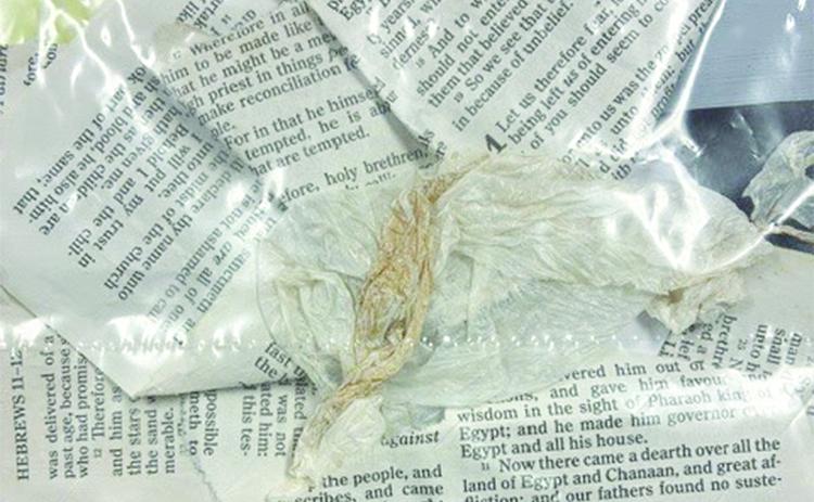 Pictured are pages of the Bible that were used as cigarettes at the Evangeline Parish Detention Center. (Photo courtesy of Evangeline Parish Sheriff’s Office)