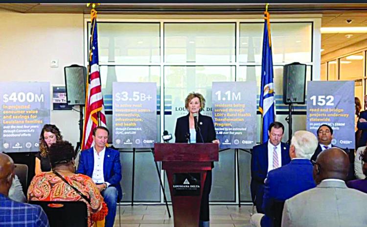 State Representative Rhonda Butler (center) is pictured as she speaks during a press conference announcing over $3.5 billion in rural broadband funding. (Photo courtesy of Representative Rhonda Butler)