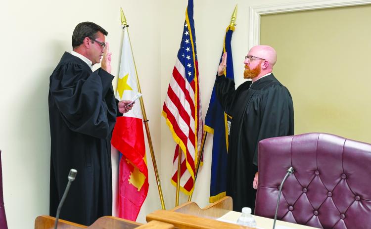 Attorney Chris Ludeau (right) was sworn in as the Magistrate for the Town of Mamou prior to the council meeting held Wednesday, September 9. He was sworn in by District Judge, 13th Judicial District, Division A Marcus Fontenot (left).