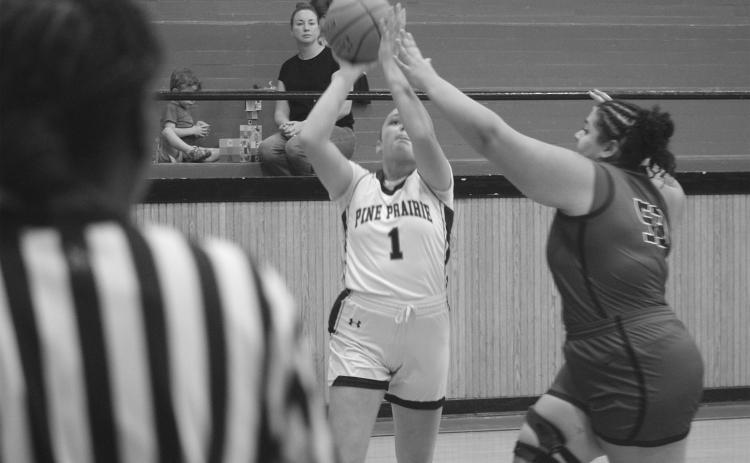 Kynnedi Ware (1) is pictured as she attempts a basket in Pine Prairie’s 73-53 win over DeRidder. Ware, in the game, tallied 40 points for the Lady Panthers. (Gazette photo by Tony Marks)