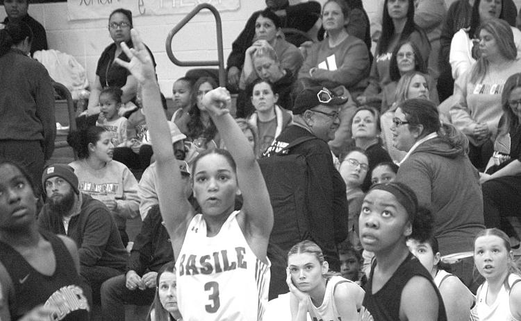 Basile sophomore Garryn Ivory fires up a three-pointer in Basile’s 45-33 win over Eunice on Tuesday night. Ivory led all scorers with 24 points. (LSN photo by Rhett Manuel)