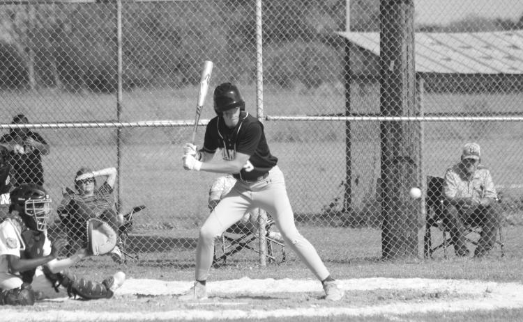 Layne Gremillion (9) waits for a pitch to cross home plate in Mamou’s 20-0 win over Ville Platte Tuesday afternoon. (Gazette photo by Tony Marks)