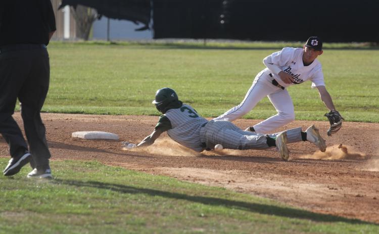 Mamou’s Jerez Edwards (3) safely slides into second base in a game played at Pine Prairie earlier this season.  (Gazette photo by Tony Marks)