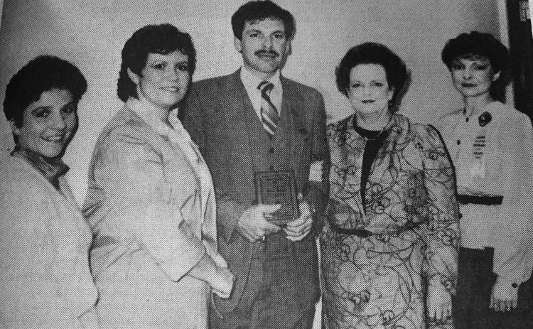 ORTEGO NAMED ‘TOP BOSS’ - In February 1985, Ville Platte Gazette General Manager David Ortego, center, was named Business Associate of the Year by the American Business Women’s Association (ABWA) Shown, from left with Ortego are Beth Fontenot, ABWA President; Delores Lafleur, Ville Platte Gazette Advertising Director; Mona Launey, Ville Platte Gazette secretary/book keeper; and Dessie Sonnier, ABWA Woman of the Year.  (Gazette archive photo)