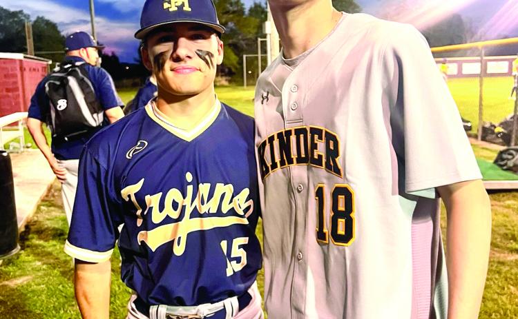 ATHLETES MEET – Blake Hebert (left) and Will Fontenot (right) met at a game recently. Hebert is a survivor of cancer, and Fontenot has been battling it. Hebert shared some faith and hope with Fontenot as he told him to never give up. (LSN photo by Jessica Richard)