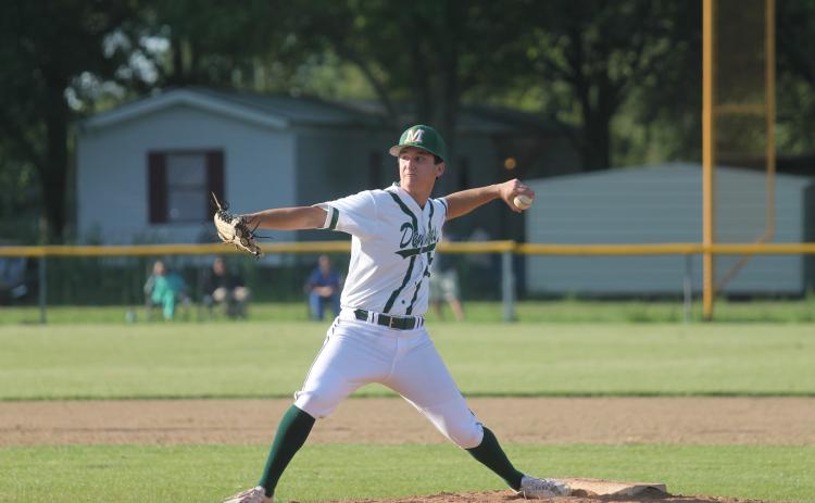 Mamou senior Andre Tate throws a pitch in relief of starter Matt Fontenot. Fontenot went 5.1 innings on the mound and was touched up for seven earned runs on 11 hits. Tate threw the final 1.2 innings and only allowed three unearned runs, three hits, and three walks. (Gazette photo by Tony Marks)