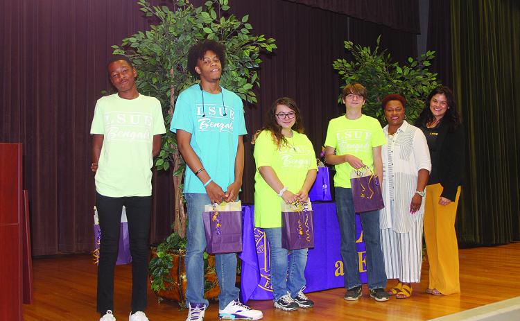 From left are highest performers Javion Leday and Raymond Arvie, most improved Christian Keenum, MVP Brice Vidrine, Ville Platte High School JAG coordinator Dianne Johnson, and LSUE Director of Workforce Innovation and Continuing Education Layce Hamilton. (Gazette photo by Tony Marks)