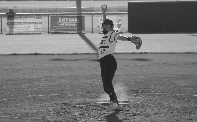 Mamou starting pitcher Jennifer Fontenot (27) delivers a pitch against Kinder. (Gazette photo by Rhett Manuel)
