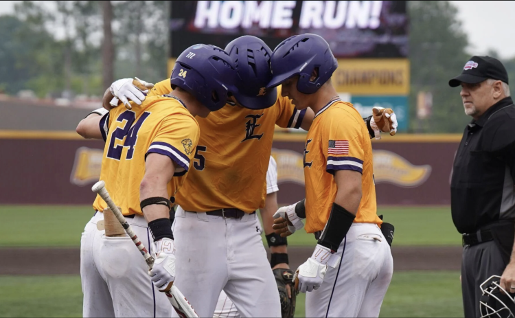 LSU Eunice’s Dawson Willis is greeted by two Bengals teammates after a home run during the Region 23 championship this past weekend. (Photo courtesy of Travis Webb)