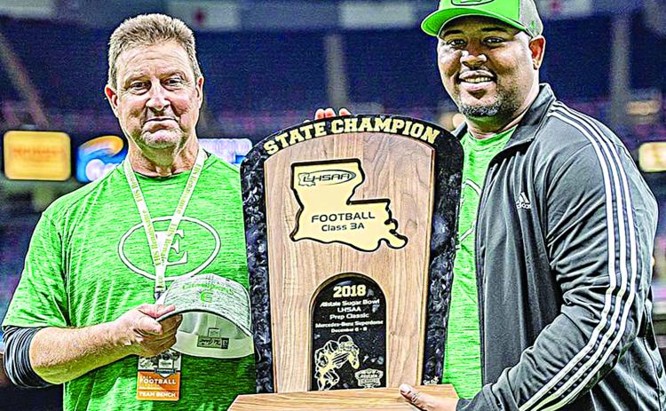 Newly hired Mamou head football coach Laquintin Lamb is pictured on the right with former Eunice head football coach Paul Trosclair after the Bobcats won the 2018 Allstate Sugar Bowl LHSAA Prep Classic in Class 3A. (Photo courtesy of Laquintin Lamb)