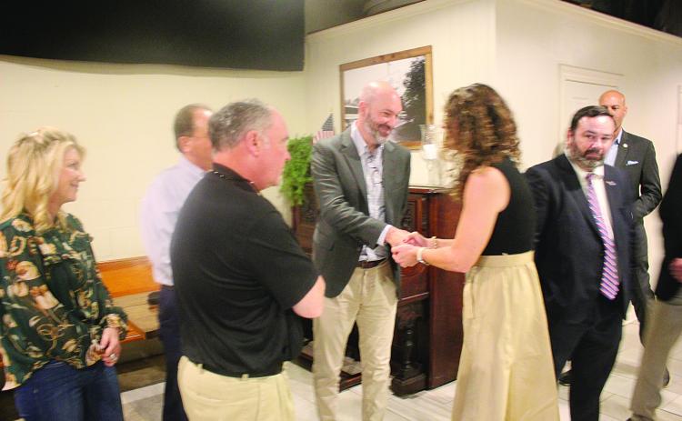 Congresswoman Letlow (center right) meets with Ville Platte City Court Judge Gregory Vidrine (center left). Among those also pictured are Wayne Vidrine and Eric Fontenot, with the Evangeline Bank and Trust Company, and Assistant District Attorney Jacob Fusilier. (Gazette photo by Tony Marks)
