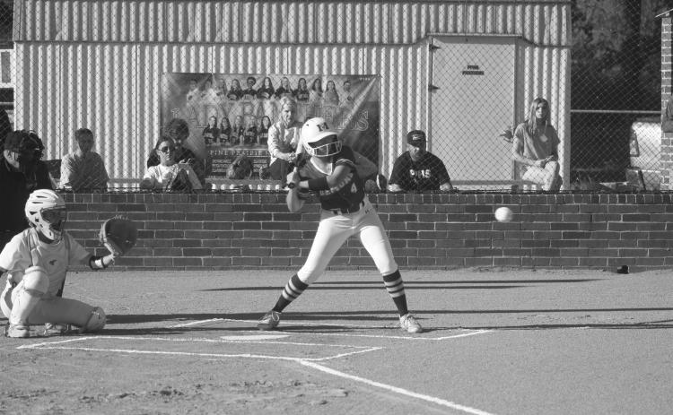 Kaityn Fontenot (4) waits for a pitch to cross the plate in a Mamou softball game against Pine Prairie earlier this season. (Gazette photo by Tony Marks)