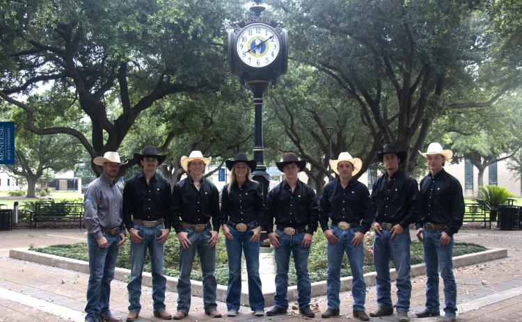 McNeese Rodeo team members going to the College National Finals Rodeo in Casper, Wyoming. Pictured left to right is Coach Justin Browning, Drew Bordelon, Caleb Miller, Kamryn Duncan, Kash Martin, Isaac Richard, Jude Leonards and Kash Krogman. Not pictured is Brad Hesnor. (Photo courtesy of McNeese State University)