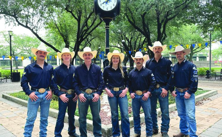 Seven members of McNeese’s rodeo team have qualified for the College National Finals Rodeo. From left to right: Wyatt Lavergne, Izaah Bartels, Jackson Ford, Alyssa Gary, Monty Fontenot, Jude Leonards and rodeo coach Justin Browning. Not pictured is Caleb Miller. (Photo courtesy of McNeese State University)