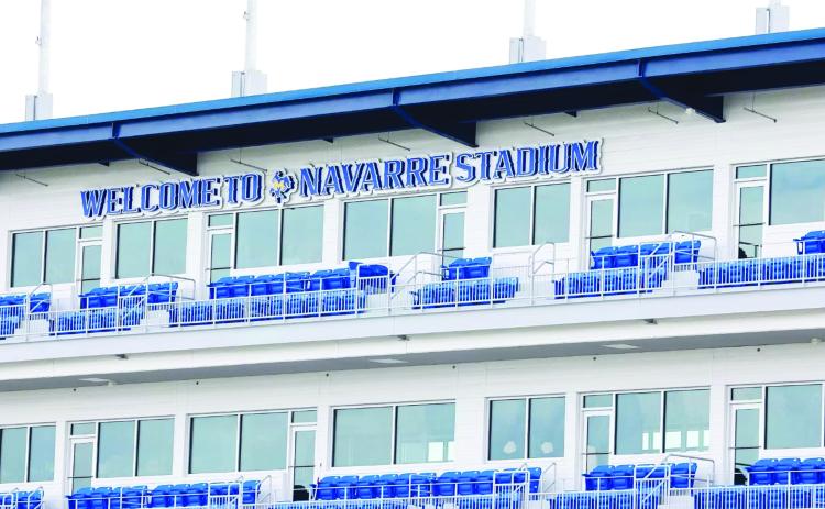 The new stadium name is unveiled on the press box inside Navarre Stadium, the home of the McNeese Cowboys. (Photo courtesy of McNeese Athletics)