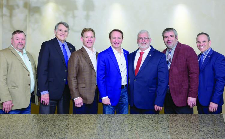 PJAL Executive Board members pose with Governor Jeff Landry. Pictured from, left to right, are Bryan Vidrine from Evangeline Parish, Doug Rimmer from Bossier Parish, Robby Miller from Tangipahoa Parish, Governor Jeff Landry, President Craig Smith from Rapides Parish, Kenny Haymon from Vernon Parish, and PJAL Executive Director Guy Cormier from St. Martin Parish. (Photo courtesy of Zydeco Studios)
