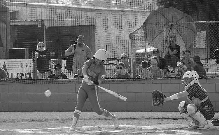 Victoria Briscoe (1) waits for a pitch to cross the plate in a Pine Prairie Lady Panther softball game. (Gazette photo by Rhett Manuel)