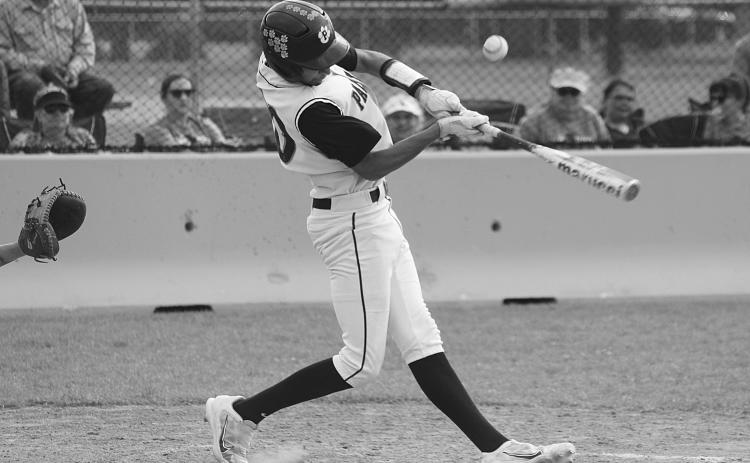 Evan Ardoin (20) fouls off a pitch in Pine Prairie’s playoff win against Port Allen. The Panthers earned a sweep on Thursday and now face Rosepine. (Gazette photo by Rhett Manuel)