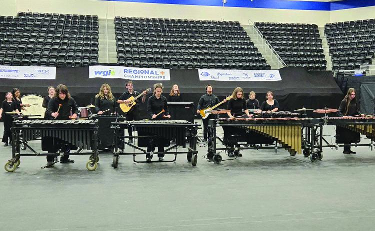 Pictured is the Pine Prairie Percussion Ensemble that competed in the Winter Guard International Dallas Regional Championships. The group also competed in the Magnolia Performing Arts State Championships. Among those who competed are Kayden Soileau, Camren Vidrine, Annalise Melancon, and Claire White. (Photo courtesy of Taylor Naquin)