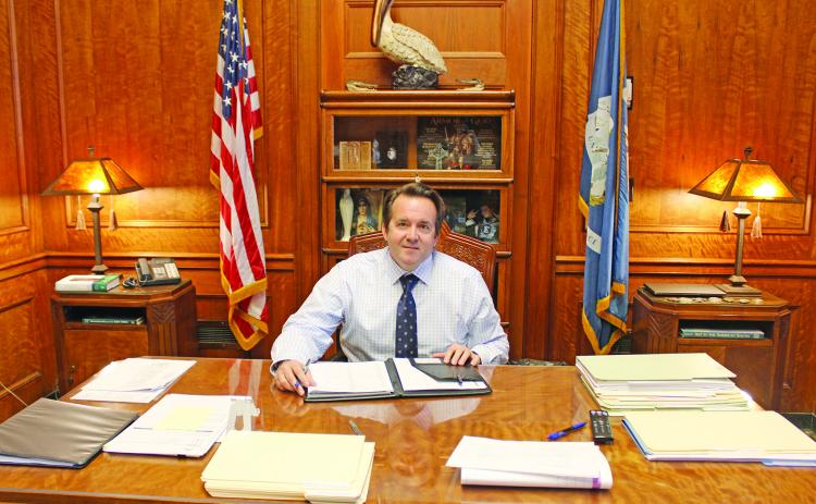 Speaker of the House and State Representative Phillip DeVillier sits at his desk in his office at the state capitol. DeVillier, of Eunice, was first elected as a state representative in 2015. (LSN photo by Claudette Olivier/Church Point News)
