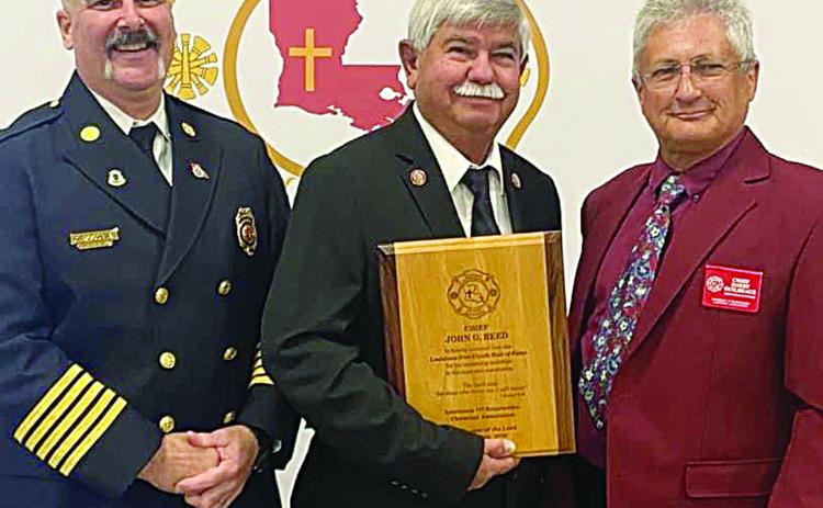 Mamou Fire Chief John “Garry” Reed was inducted into the Louisiana Fire Chief’s Hall of Fame. He is pictured in the center with Ville Platte Fire Chief Chris Soileau (left) and Ward 5 Fire Chief and LFRCA Board Member Bobby Guilbeau (right). (Photo courtesy of Chief Bobby Guilbeau)