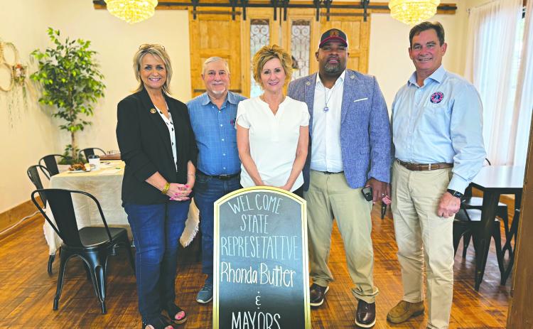 LOCAL LEADERS MEET WITH REPRESENTATIVE BUTLER - Mamou mayor Leisa Deshotel, Turkey Creek mayor Bert Campbell, Ville Platte mayor Ryan Leday Williams and Ville Platte City Clerk/Treasurer Donald Bergeron recently met at the Mou Latte in Mamou to discuss economic development and needs of the parish municipalities. Shown, from left, are Deshotel, Campbell, Butler, Williams and Bergeron. (Photo courtesy of the Mou Latte)