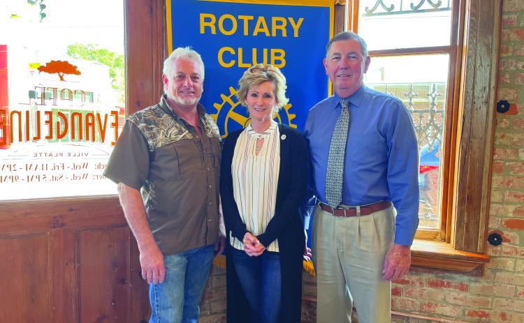 LEGISLATIVE UPDATE GIVEN - During the October 25, meeting of the Ville Platte Rotary Club, Representative Rhonda Butler, center, presented members with an update on the legislature. She is shown with Rotary President Larry Lachney, left, and Rotarian Bill Brunet, right. (Gazette photo by Heather Bogard)