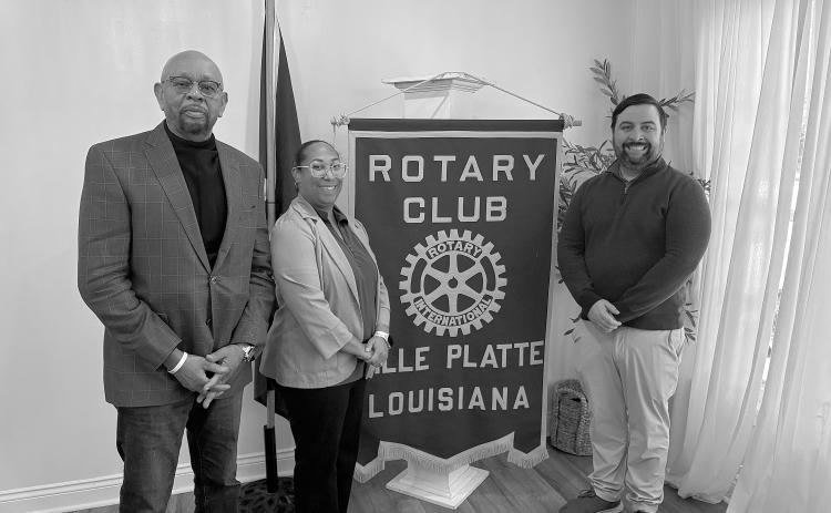 From left are Rotarian Clem LaFleur, Kourtheil Henderson with the governor’s office, and Rotary of Ville Platte President Beau Wilson. (Gazette photo by Tony Marks)