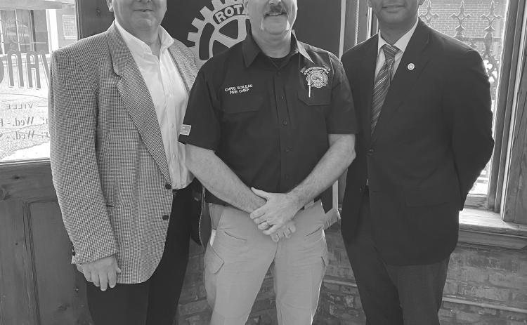 From left are Rotarian Wayne Vidrine, Ville Platte Fire Chief Chris Soileau, and Rotary President Brian Ardoin. (Photo courtesy of Misty Parker)