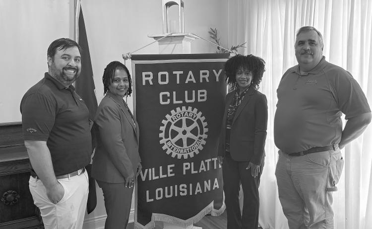 (Left photo) From left are Rotary President Beau Wilson, Angela Angello, Crystal Brooks, and Rotarian Scott Smith. Angello and Brooks were guest during the April 14 meeting of the Rotary Club of Ville Platte.