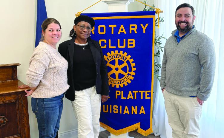 FRENCH IMMERSION DISCUSSED - French Immersion Coordinator Madame Louise Tini (center), gave an update on the program during the Tuesday, November 11, meeting of the Ville Platte Rotary Club. She is shown with Rotarian Kristie Enicke (left) and Rotary President Beau Wilson (right). (Gazette photo by Tony Marks)