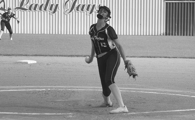 Sacred Heart starting pitcher Halle Lafleur prepares to deliver a pitch against St. Edmund on Thursday. (Gazette photo by Rhett Manuel)