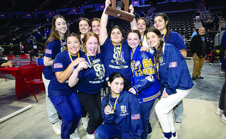 The 2024 Girl’s Division V State Powerlifting Runner-up Sacred Heart Lady Trojans are pictured with the trophy. The team finished with 37 points behind Cedar Creek with 66 points. Among those pictured are Madeline Fuselier, Karlee Lafleur, Adeline Launey, Eliza LaHaye, Lily Deshotel, Ali Fontenot, Abbie Quibodeaux, Abbie Perrodin, Haley Dupre, Camille Buller, and Blakelee Thibodeaux. (Gazette photo by Angela DeVille)