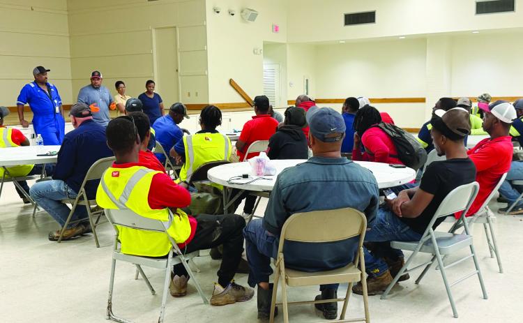 City of Ville Platte employees attend a safety meeting at the civic center on May 28. Standing from left are City Councilman Shawn Roy, Mayor Ryan LeDay Williams, and Councilwomen Anna Frank and Christina Sam. (Photo courtesy of Mayor Ryan LeDay Williams)