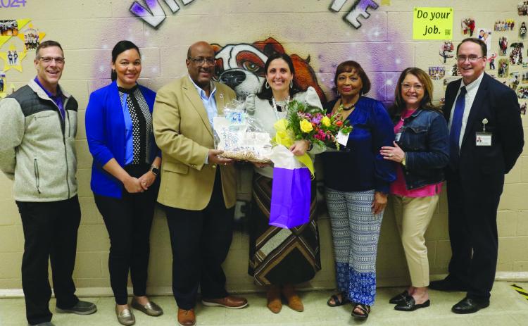 From left are Ville Platte Elementary Assistant Principal Davis Ardoin and Principal Katrina Ardoin, Superintendent Darwan Lazard, Louisiana Middle School Teacher of the Year Semifinalist Jessica Capseta, Teacher of the Year Coordinator Grace Sibley, Elementary Supervisor Cherie Fontenot, and Assistant Superintendent Mike Lombas. (Gazette photo by Tony Marks)