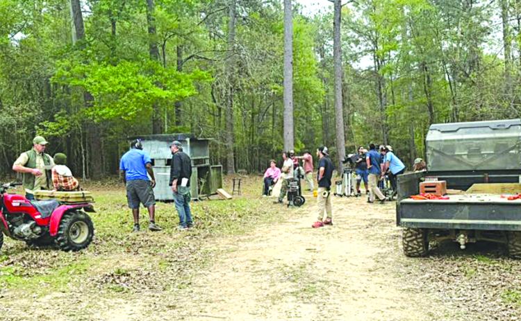 The film crew, actors, and directors of Dead Dawn on the set in the woodland area of Te-Mamou, south of Basile.