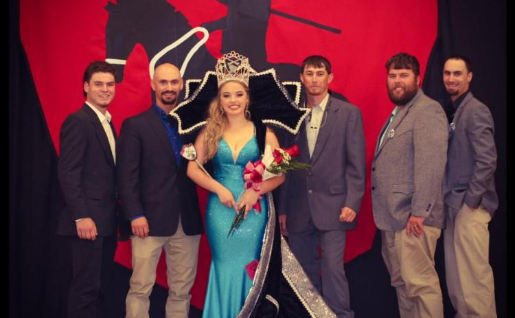 A QUEEN AND HER KNIGHTS - The top five riders from last year’s Tournoi run pose with newly crowned Louisiana Tournoi Queen  Ainsley Claire Quibodeaux. From left, they are William Fontenot, standing in for John Ross Guillory; Ryan Haller; Marcus Guillory; Nick Miller, standing in for Eric Guillory; and Alex Haller. (Photo courtesy of Jenny Deshotel)