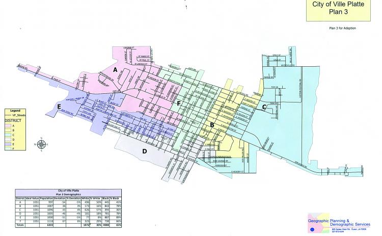 The new Ville Platte city council districts are shown above. District A (Faye Lemoine) is shown in pink, District B (Jerry Joseph) is shown in yellow, District C (Mike Perron) is shown in blue, District D (Jordan Anderson) is shown in silver, District E (Christina Sam) is shown in purple, and District F (Bryant Riggs) is shown in green. The new district lines are in place for the election which will be held on Tuesday, November 8.