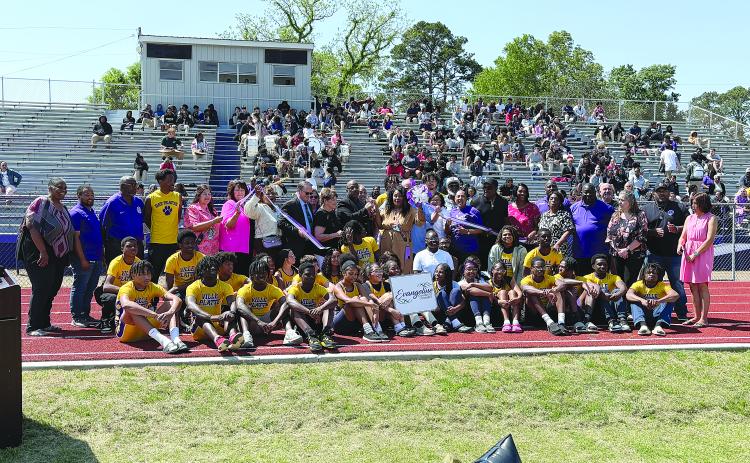 The ribbon was cut on Tuesday, April 15, to officially open the new track at Ville Platte High School. For more photos, turn to Page 11. (Gazette photo by Tony Marks)