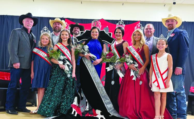 QUEENS AND THEIR RIDERS - In the front row, from left, are Deb Miss Tournoi Huxley Emerson Pepiton, Junior Miss Tournoi Elizabeth Kathryn Reed, Louisiana Tournoi Queen Courtlyn Janae Gremillion, Ms. Tournoi Queen Winter Alexis Duhon, Teen Tournoi Queen Lily-Ann Kate Blanchard and Little Tournoi Queen Kaiya Everly Redmon. In the back row, from left, are Tournoi riders Kent Saucier, Nick Miller, Marcus Guillory, Cody Manuel and Brandon Snokes. (Gazette photos by Heather Bogard)